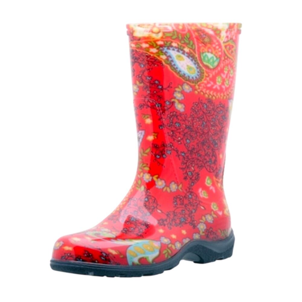 Sloggers Waterproof Non Slip Red Paisley Floral Garden/Rain Boots Size 10
